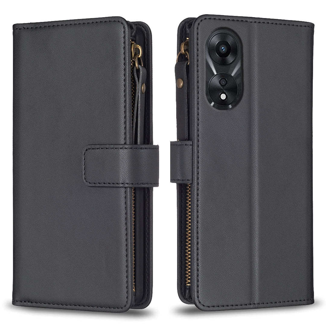 OPPO A78 5G Leather Flip Wallet Phone Case with 9 Card Slots, Zipper Compartment, and Adjustable Stand