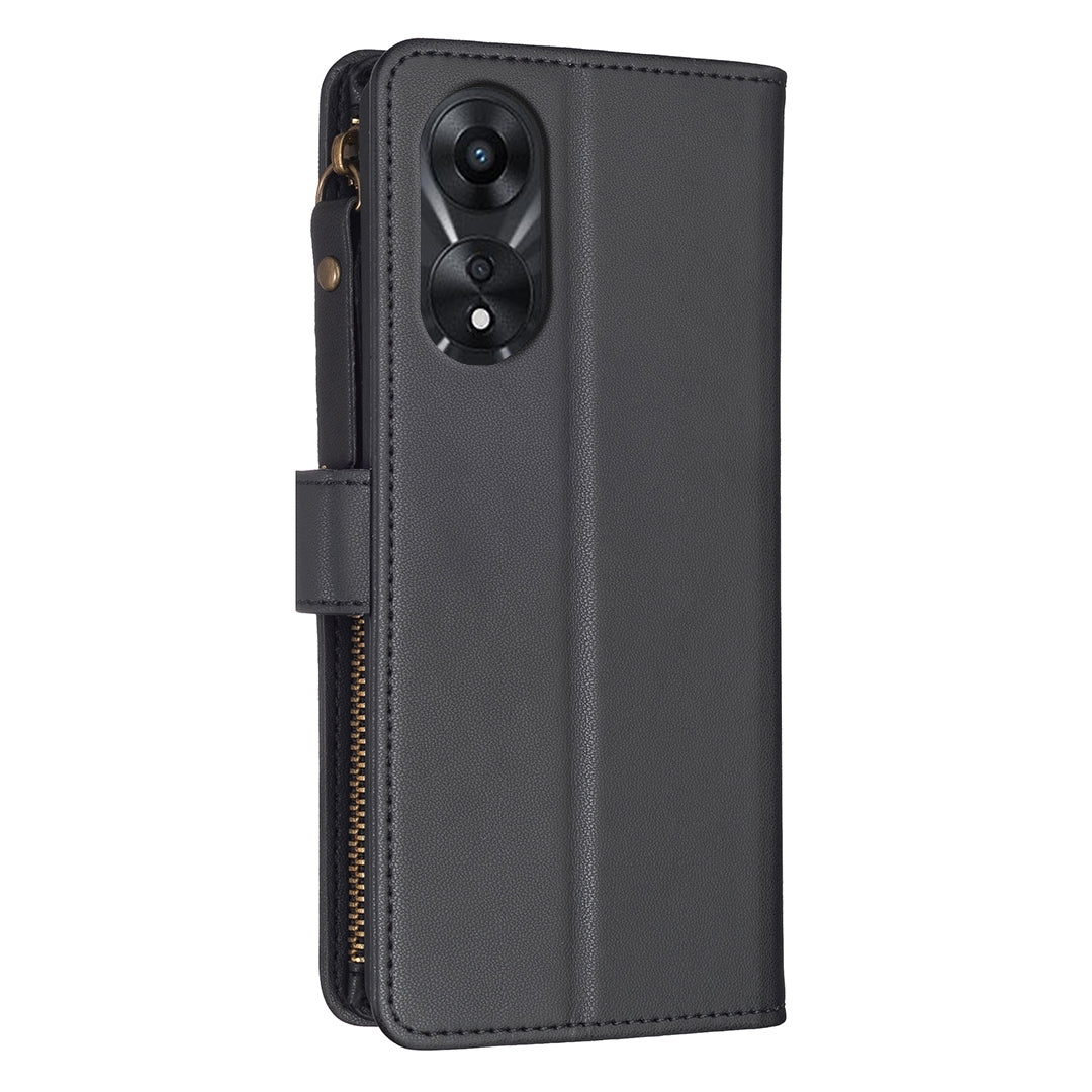 OPPO A78 5G Leather Flip Wallet Phone Case with 9 Card Slots, Zipper Compartment, and Adjustable Stand