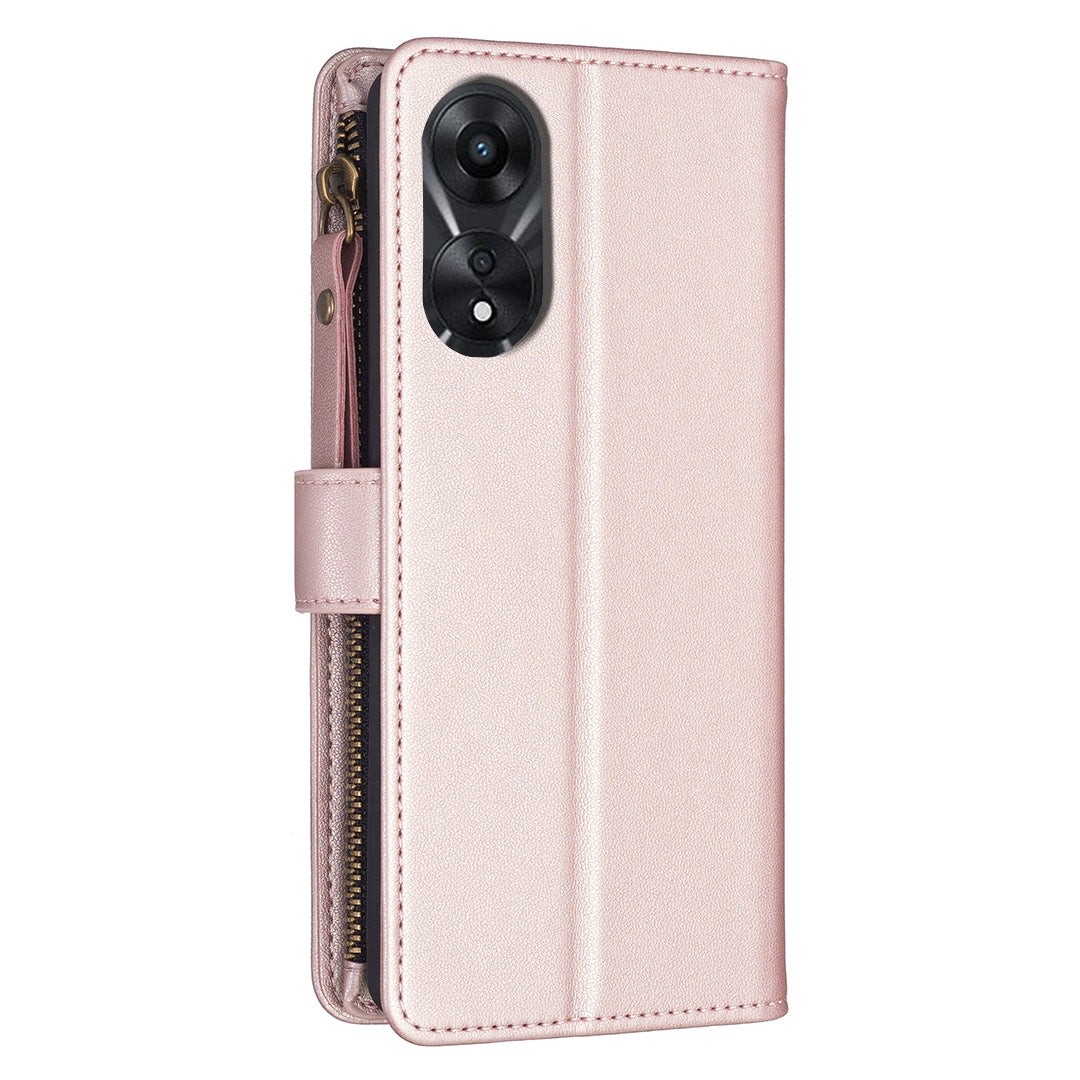 OPPO A78 5G Leather Flip Wallet Phone Case with 9 Card Slots, Zipper Compartment, and Adjustable Stand