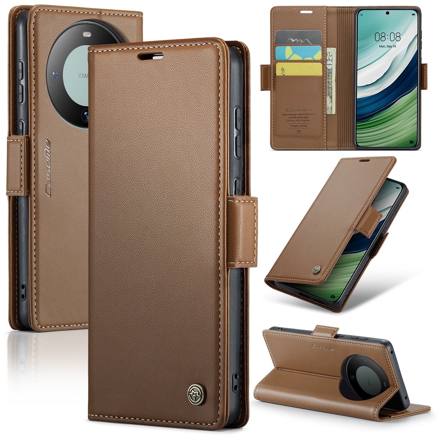 Huawei Mate 60 Leather Wallet Case - RFID Blocking, Stand Function, Card Slots