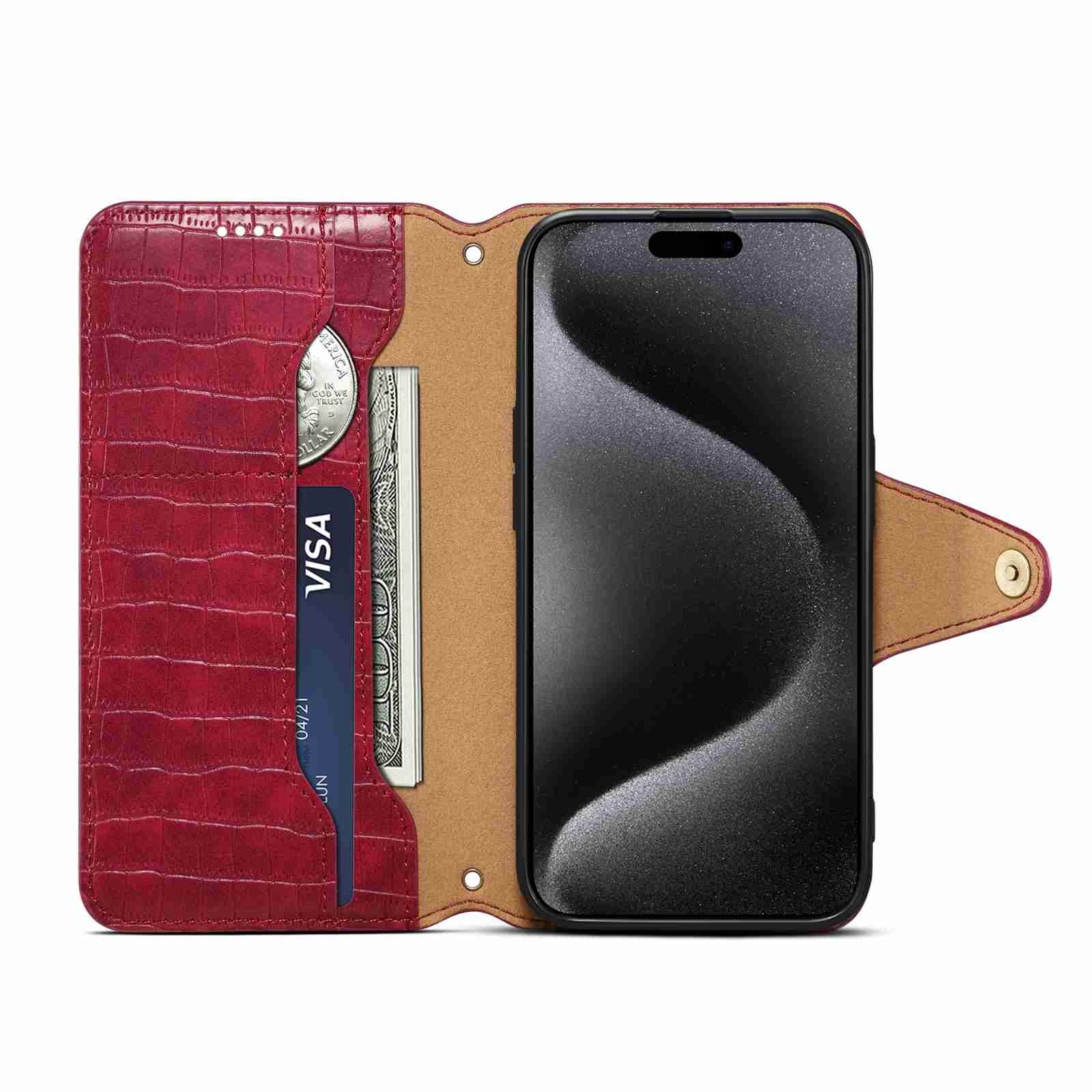 iPhone 15 Pro Max Denior Leather Case - Crocodile Texture with Oil Edge, Wallet & Kickstand Features-buycases.co.uk