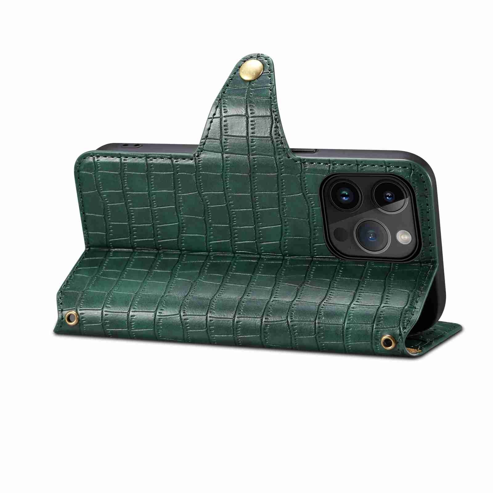 iPhone 15 Pro Denior Leather Case - Crocodile Texture with Oil Edge, Wallet & Kickstand Features-buycases.co.uk