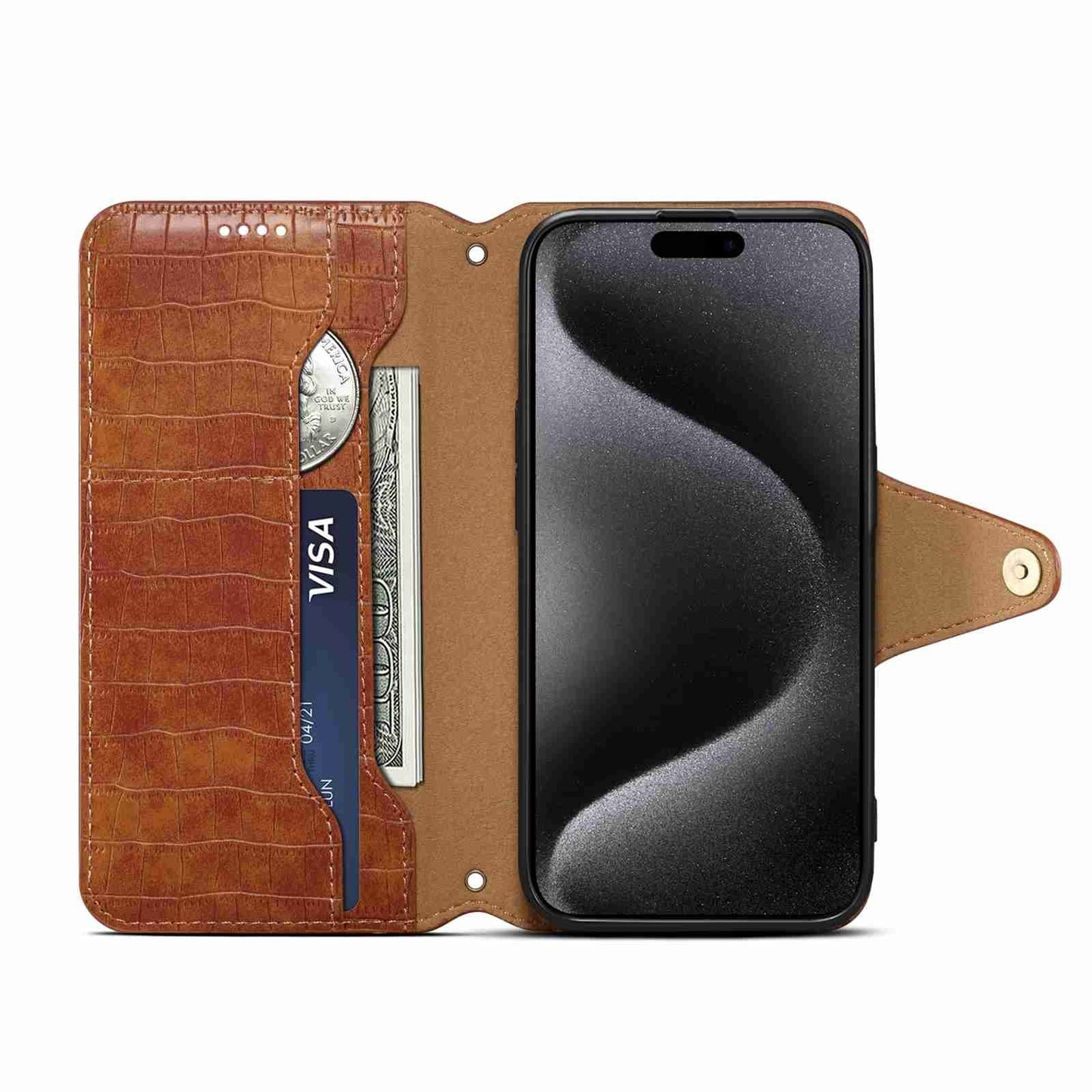 iPhone 15 Plus Denior Leather Case - Crocodile Texture with Oil Edge, Wallet & Kickstand Features-buycases.co.uk