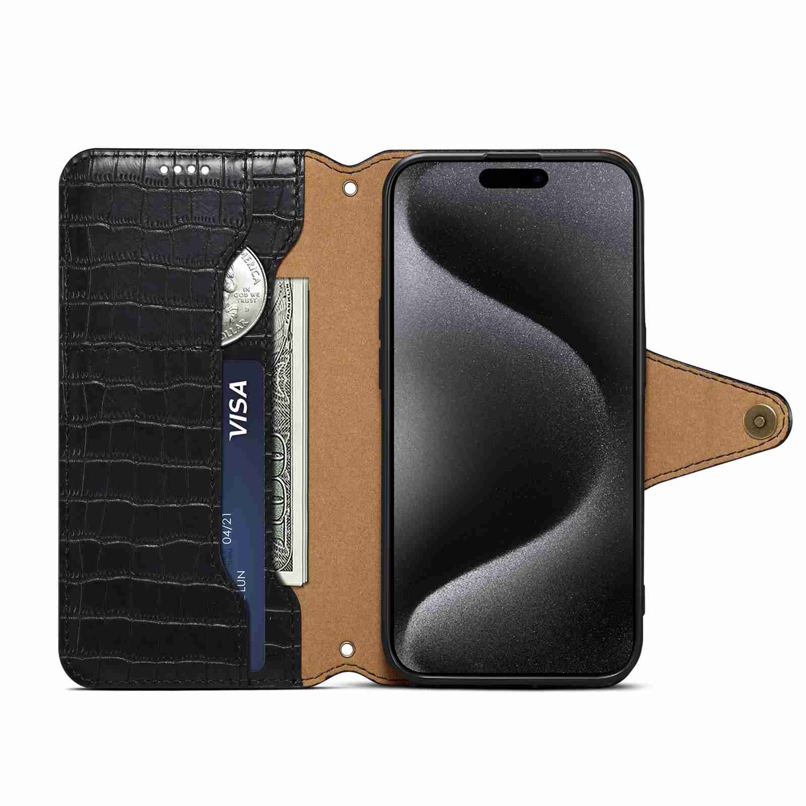 iPhone 13 Pro Denior Leather Case - Crocodile Texture with Oil Edge, Wallet & Kickstand Features-buycases.co.uk