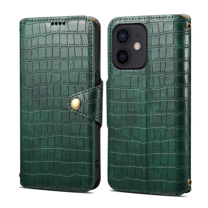 iPhone 12 Denior Leather Case - Crocodile Texture with Oil Edge, Wallet & Kickstand Features-buycases.co.uk