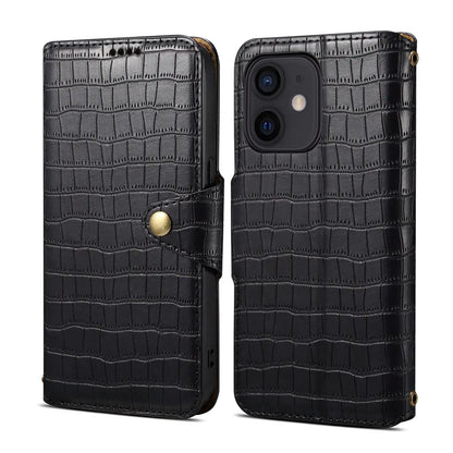 iPhone 12 Denior Leather Case - Crocodile Texture with Oil Edge, Wallet & Kickstand Features-buycases.co.uk