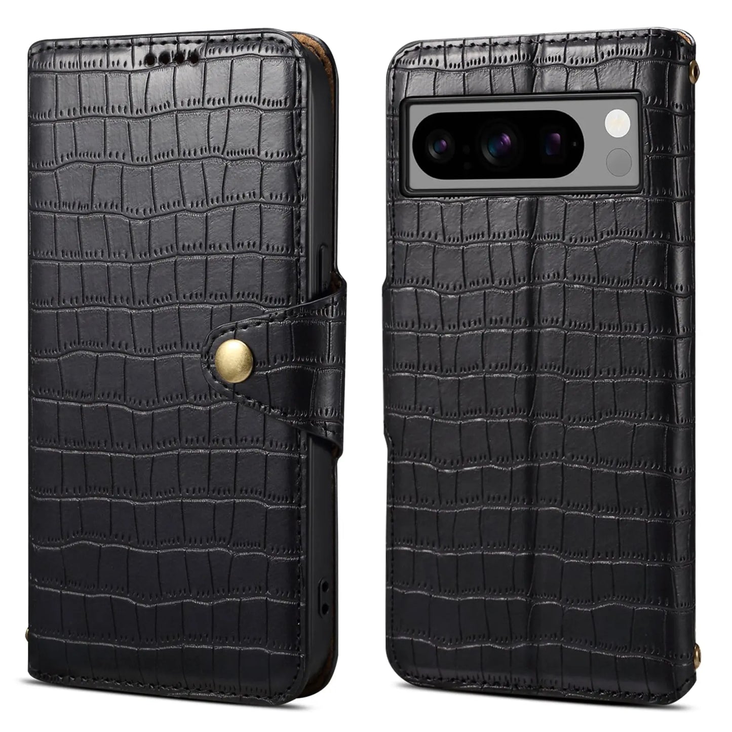 Google Pixel 8 Pro Denior Leather Case - Crocodile Texture with Oil Edge, Wallet & Kickstand Features-buycases.co.uk