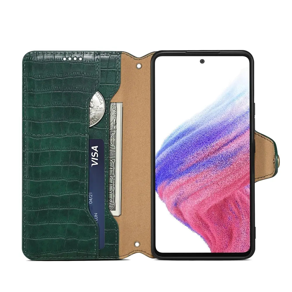 Samsung Galaxy A53 5G Denior Leather Case - Crocodile Texture with Oil Edge, Wallet & Kickstand Features-buycases.co.uk