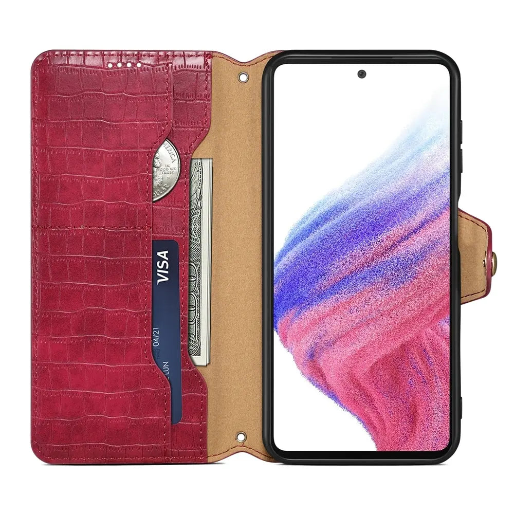 Samsung Galaxy A34 5G Denior Leather Case - Crocodile Texture with Oil Edge, Wallet & Kickstand Features-buycases.co.uk