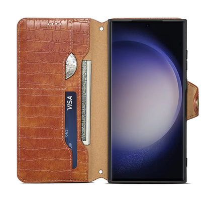 Samsung Galaxy S23 Ultra 5G Denior Leather Case - Crocodile Texture with Oil Edge, Wallet & Kickstand Features-buycases.co.uk