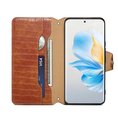 Honor 100 Denior Leather Case - Crocodile Texture with Oil Edge, Wallet & Kickstand Features-buycases.co.uk