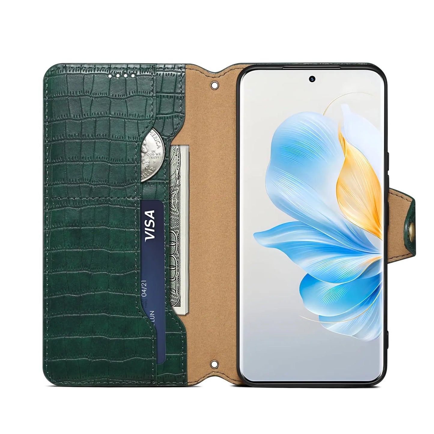 Honor 100 Denior Leather Case - Crocodile Texture with Oil Edge, Wallet & Kickstand Features-buycases.co.uk