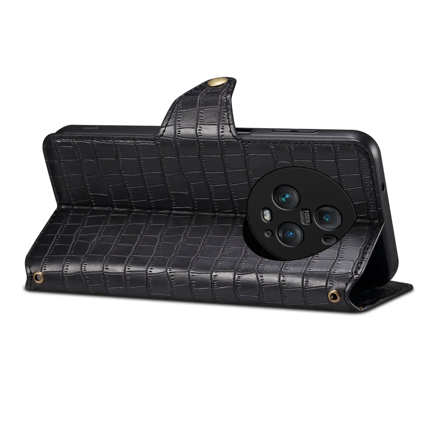 Honor Magic5 Pro Denior Leather Case - Crocodile Texture with Oil Edge, Wallet & Kickstand Features-buycases.co.uk