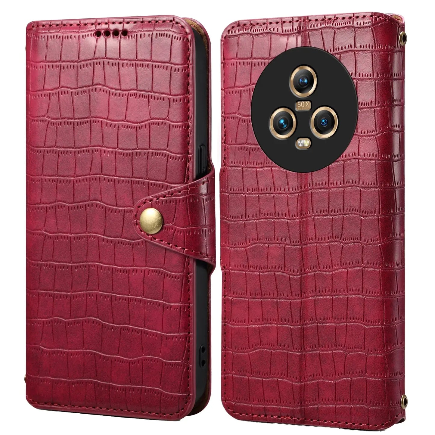 Honor Magic5 Denior Leather Case - Crocodile Texture with Oil Edge, Wallet & Kickstand Features-buycases.co.uk