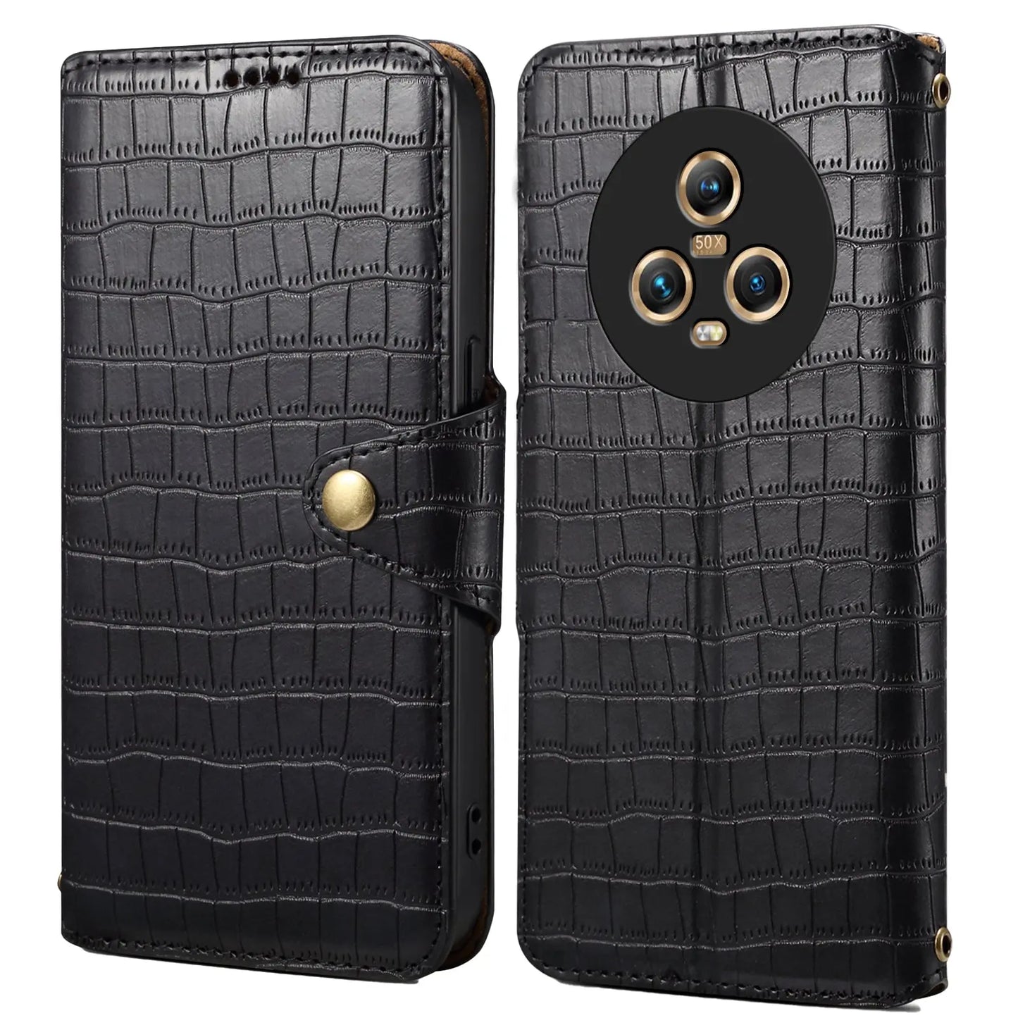 Honor Magic5 Denior Leather Case - Crocodile Texture with Oil Edge, Wallet & Kickstand Features-buycases.co.uk