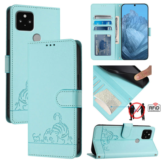 Google Pixel 5 Cat and Mouse Embossed PU Leather RFID Case with Wallet Slots, Anti-Fall Protection, Kickstand, and Lanyard-buycases.co.uk