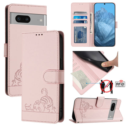 Google Pixel 7 5G Cat and Mouse Embossed PU Leather RFID Case with Wallet Slots, Anti-Fall Protection, Kickstand, and Lanyard-buycases.co.uk