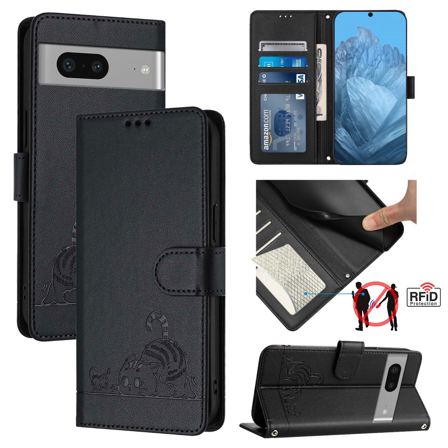Google Pixel 7 5G Cat and Mouse Embossed PU Leather RFID Case with Wallet Slots, Anti-Fall Protection, Kickstand, and Lanyard-buycases.co.uk