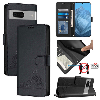 Google Pixel 7 5G Cat and Mouse Embossed PU Leather RFID Case with Wallet Slots, Anti-Fall Protection, Kickstand, and Lanyard-buycases.co.uk