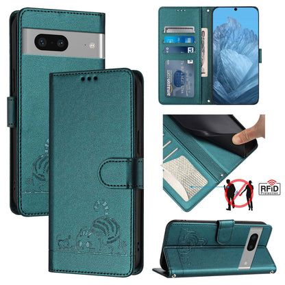 Google Pixel 7 5G Cat and Mouse Embossed PU Leather RFID Case with Wallet Slots, Anti-Fall Protection, Kickstand, and Lanyard-buycases.co.uk