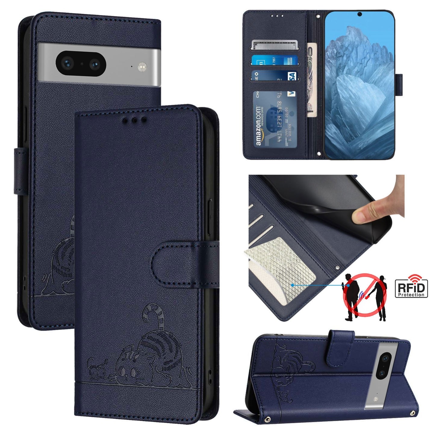 Google Pixel 7 5G Cat and Mouse Embossed PU Leather RFID Case with Wallet Slots, Anti-Fall Protection, Kickstand, and Lanyard-buycases.co.uk