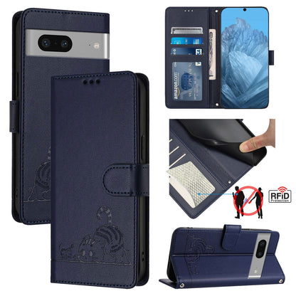 Google Pixel 7 5G Cat and Mouse Embossed PU Leather RFID Case with Wallet Slots, Anti-Fall Protection, Kickstand, and Lanyard-buycases.co.uk