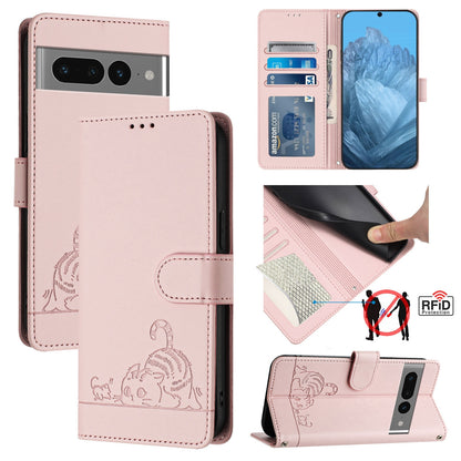Google Pixel 7 Pro 5G Cat and Mouse Embossed PU Leather RFID Case with Wallet Slots, Anti-Fall Protection, Kickstand, and Lanyard-buycases.co.uk