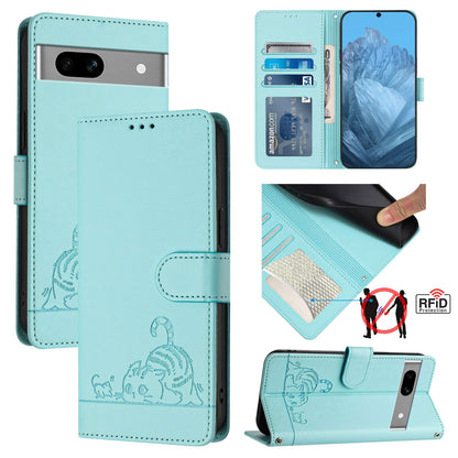 Google Pixel 7A Cat and Mouse Embossed PU Leather RFID Case with Wallet Slots, Anti-Fall Protection, Kickstand, and Lanyard-buycases.co.uk