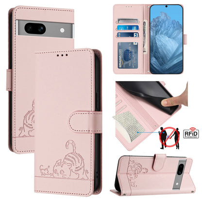 Google Pixel 7A Cat and Mouse Embossed PU Leather RFID Case with Wallet Slots, Anti-Fall Protection, Kickstand, and Lanyard-buycases.co.uk