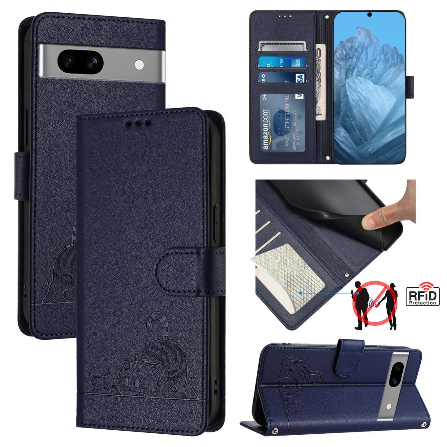 Google Pixel 7A Cat and Mouse Embossed PU Leather RFID Case with Wallet Slots, Anti-Fall Protection, Kickstand, and Lanyard-buycases.co.uk