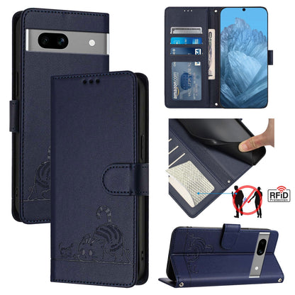 Google Pixel 7A Cat and Mouse Embossed PU Leather RFID Case with Wallet Slots, Anti-Fall Protection, Kickstand, and Lanyard-buycases.co.uk