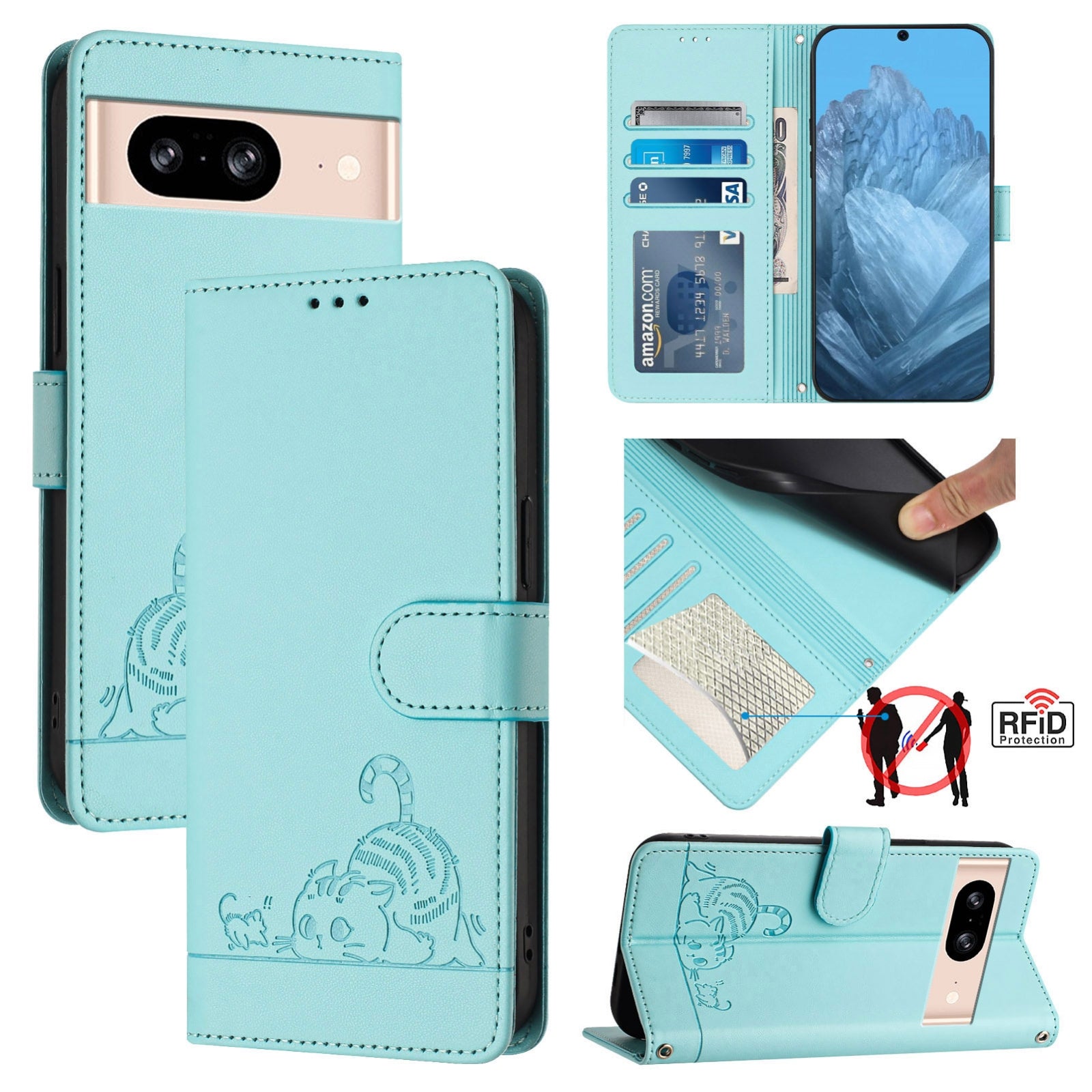 Google Pixel 8 Cat and Mouse Embossed PU Leather RFID Case with Wallet Slots, Anti-Fall Protection, Kickstand, and Lanyard-buycases.co.uk