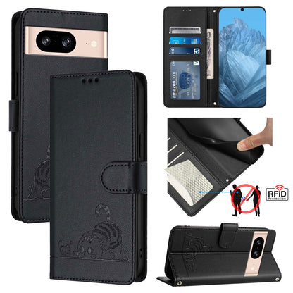 Google Pixel 8 Cat and Mouse Embossed PU Leather RFID Case with Wallet Slots, Anti-Fall Protection, Kickstand, and Lanyard-buycases.co.uk