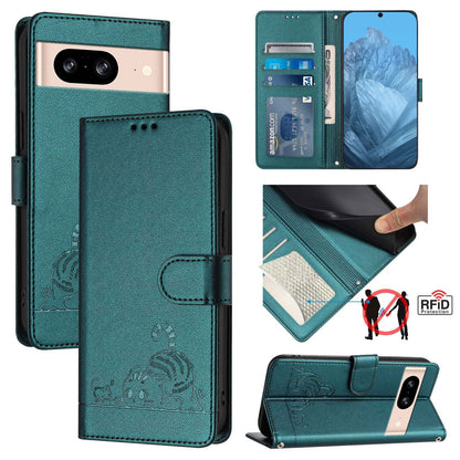 Google Pixel 8 Cat and Mouse Embossed PU Leather RFID Case with Wallet Slots, Anti-Fall Protection, Kickstand, and Lanyard-buycases.co.uk