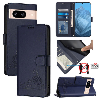 Google Pixel 8 Cat and Mouse Embossed PU Leather RFID Case with Wallet Slots, Anti-Fall Protection, Kickstand, and Lanyard-buycases.co.uk