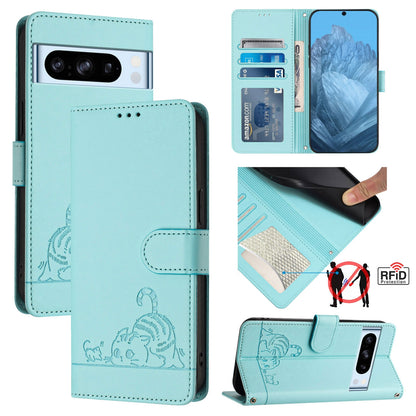 Google Pixel 8 Pro Cat and Mouse Embossed PU Leather RFID Case with Wallet Slots, Anti-Fall Protection, Kickstand, and Lanyard-buycases.co.uk
