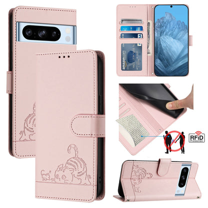 Google Pixel 8 Pro Cat and Mouse Embossed PU Leather RFID Case with Wallet Slots, Anti-Fall Protection, Kickstand, and Lanyard-buycases.co.uk