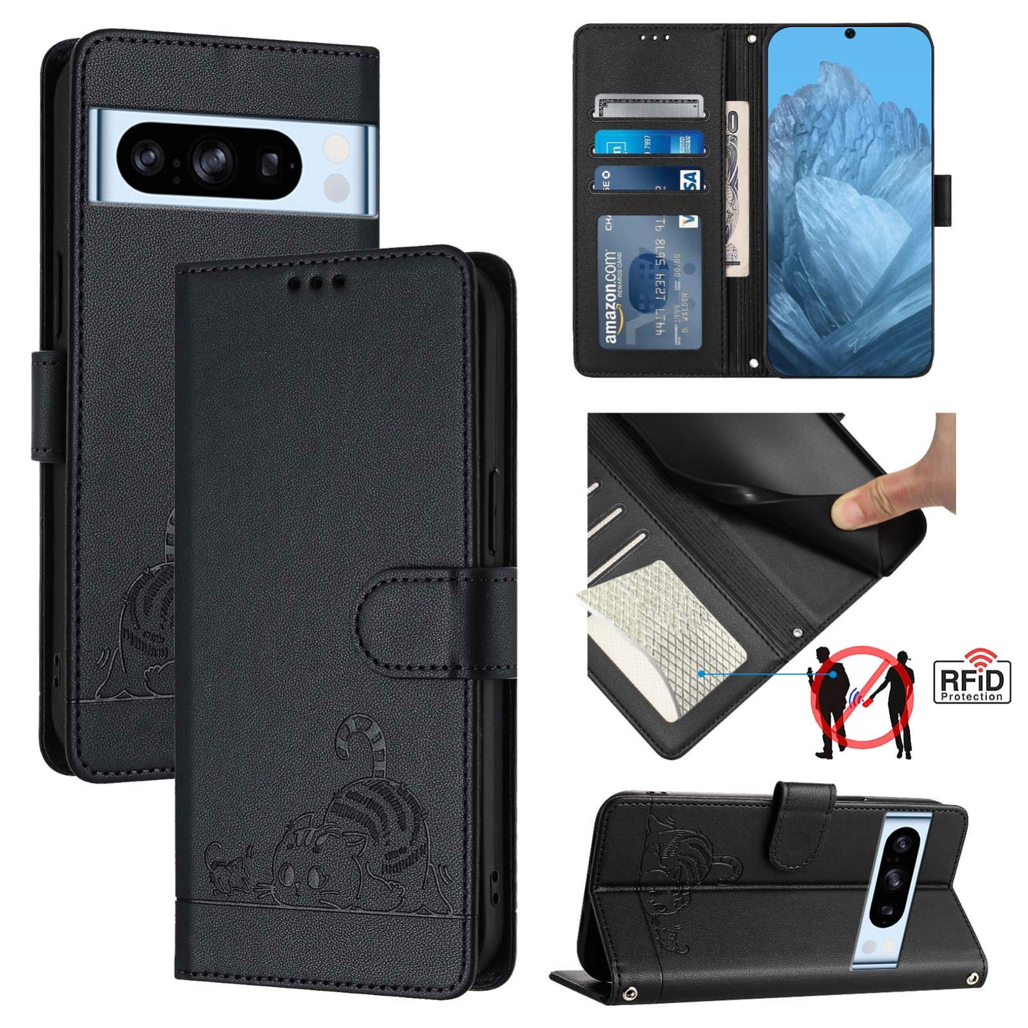 Google Pixel 8 Pro Cat and Mouse Embossed PU Leather RFID Case with Wallet Slots, Anti-Fall Protection, Kickstand, and Lanyard-buycases.co.uk