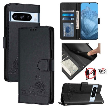 Google Pixel 8 Pro Cat and Mouse Embossed PU Leather RFID Case with Wallet Slots, Anti-Fall Protection, Kickstand, and Lanyard-buycases.co.uk