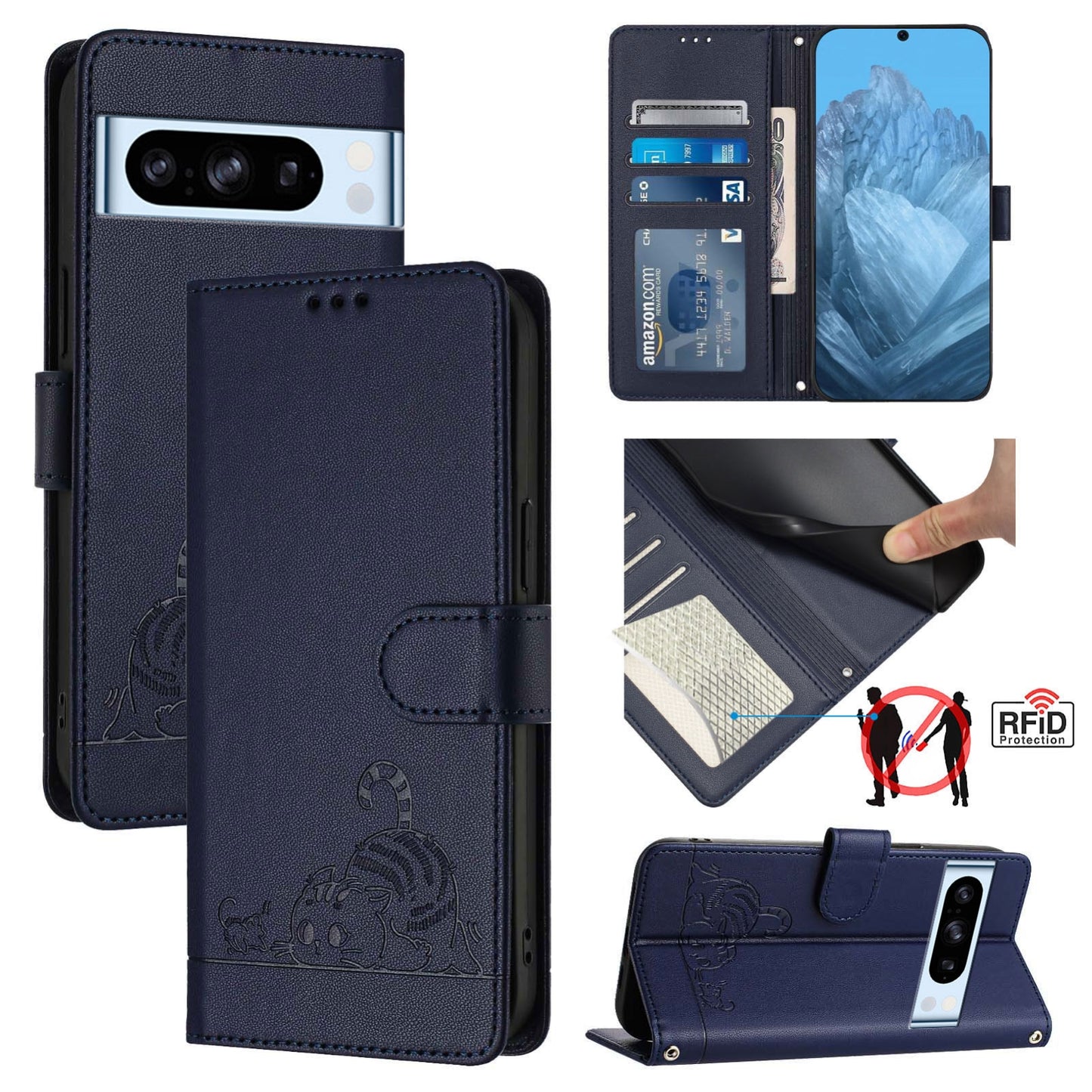 Google Pixel 8 Pro Cat and Mouse Embossed PU Leather RFID Case with Wallet Slots, Anti-Fall Protection, Kickstand, and Lanyard-buycases.co.uk