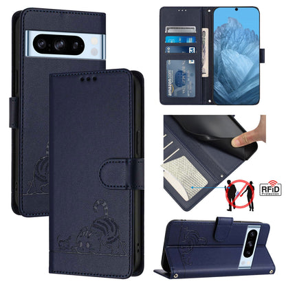 Google Pixel 8 Pro Cat and Mouse Embossed PU Leather RFID Case with Wallet Slots, Anti-Fall Protection, Kickstand, and Lanyard-buycases.co.uk