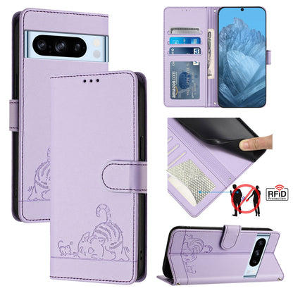 Google Pixel 8 Pro Cat and Mouse Embossed PU Leather RFID Case with Wallet Slots, Anti-Fall Protection, Kickstand, and Lanyard-buycases.co.uk