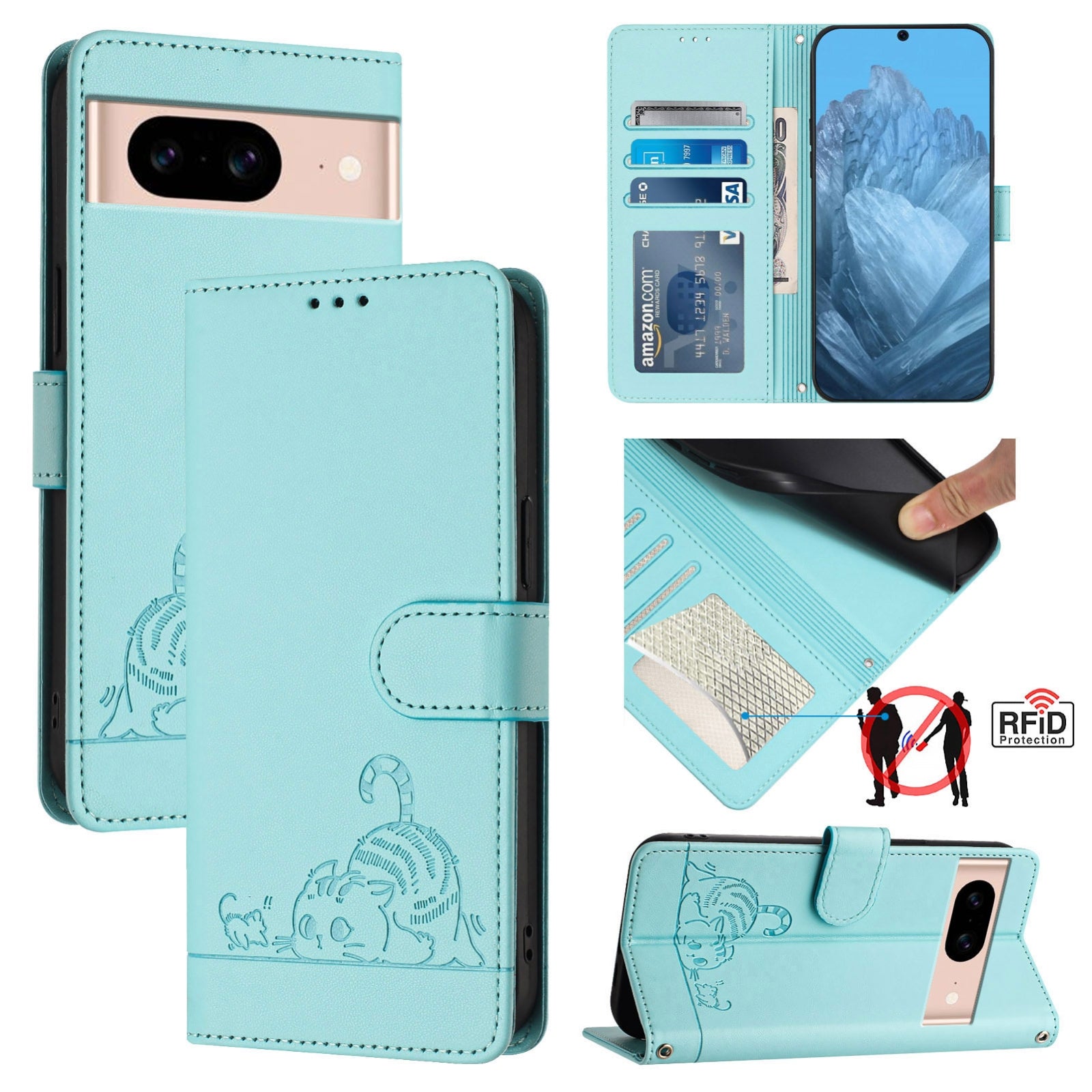 Google Pixel 8A Cat and Mouse Embossed PU Leather RFID Case with Wallet Slots, Anti-Fall Protection, Kickstand, and Lanyard-buycases.co.uk