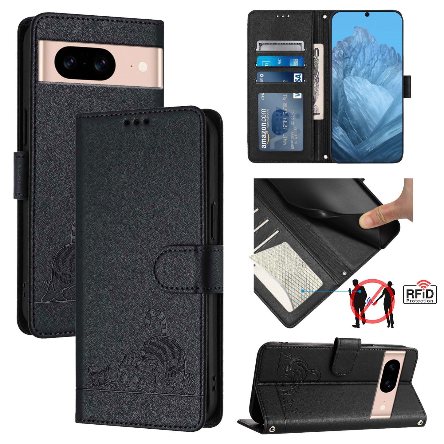 Google Pixel 8A Cat and Mouse Embossed PU Leather RFID Case with Wallet Slots, Anti-Fall Protection, Kickstand, and Lanyard-buycases.co.uk