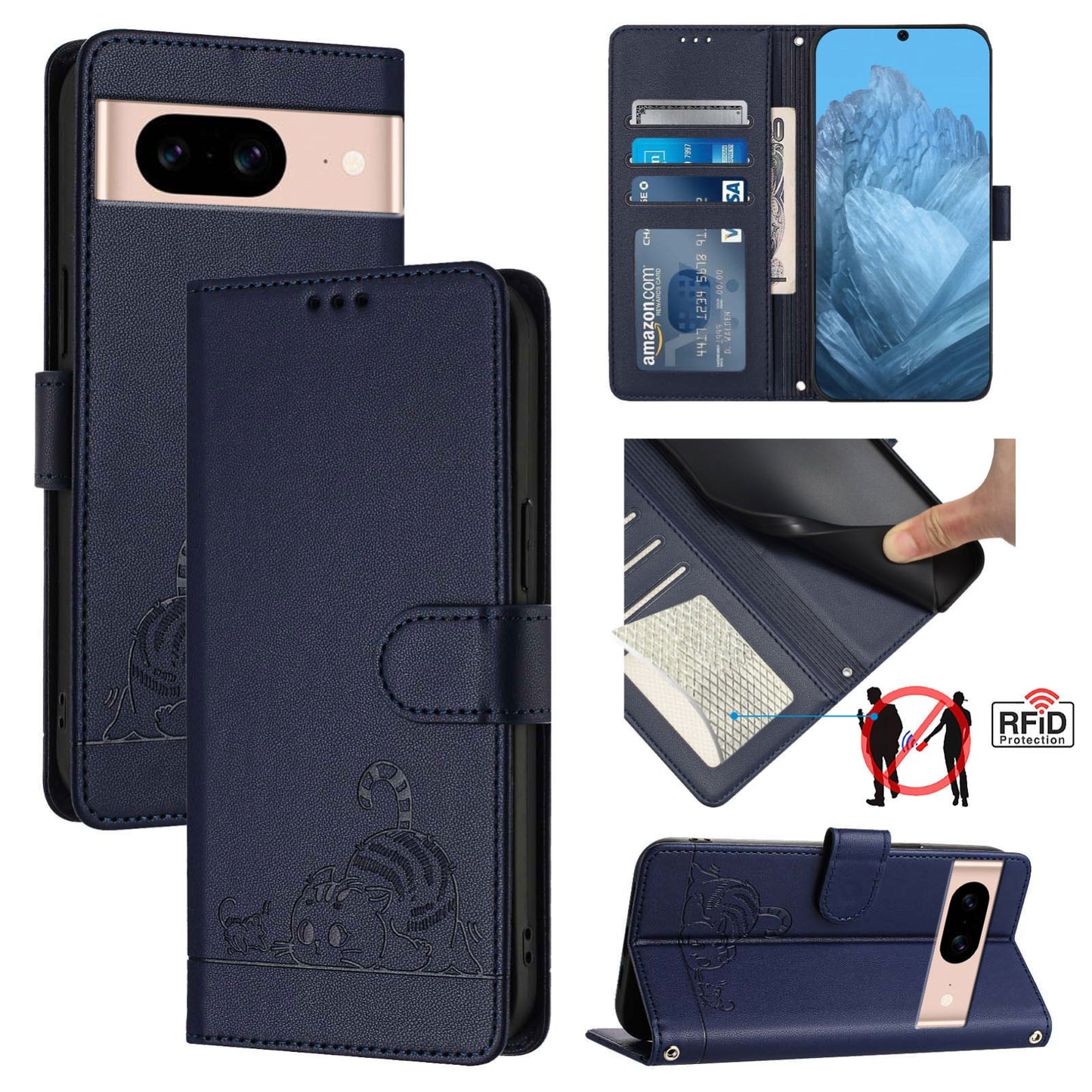 Google Pixel 8A Cat and Mouse Embossed PU Leather RFID Case with Wallet Slots, Anti-Fall Protection, Kickstand, and Lanyard-buycases.co.uk