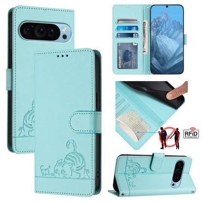 Google Pixel 9 Cat and Mouse Embossed PU Leather RFID Case with Wallet Slots, Anti-Fall Protection, Kickstand, and Lanyard-buycases.co.uk