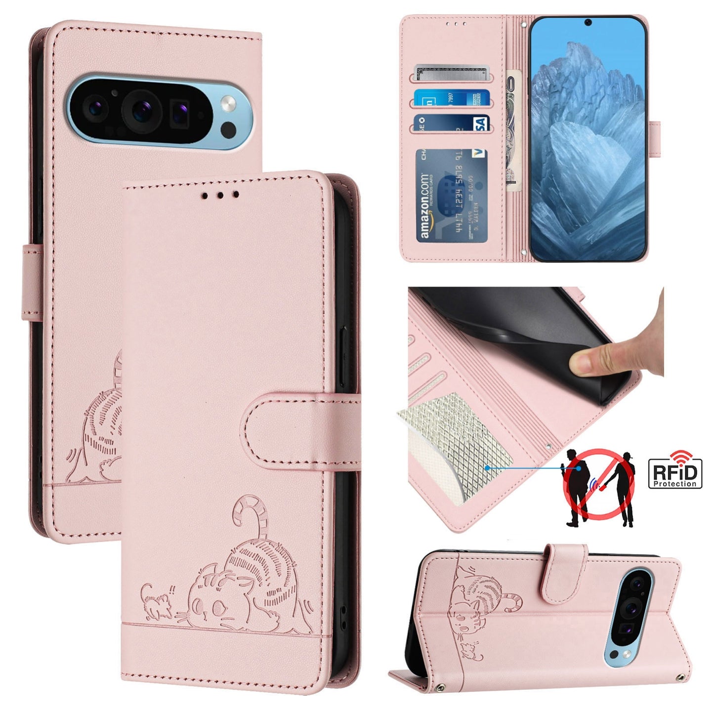 Google Pixel 9 Cat and Mouse Embossed PU Leather RFID Case with Wallet Slots, Anti-Fall Protection, Kickstand, and Lanyard-buycases.co.uk