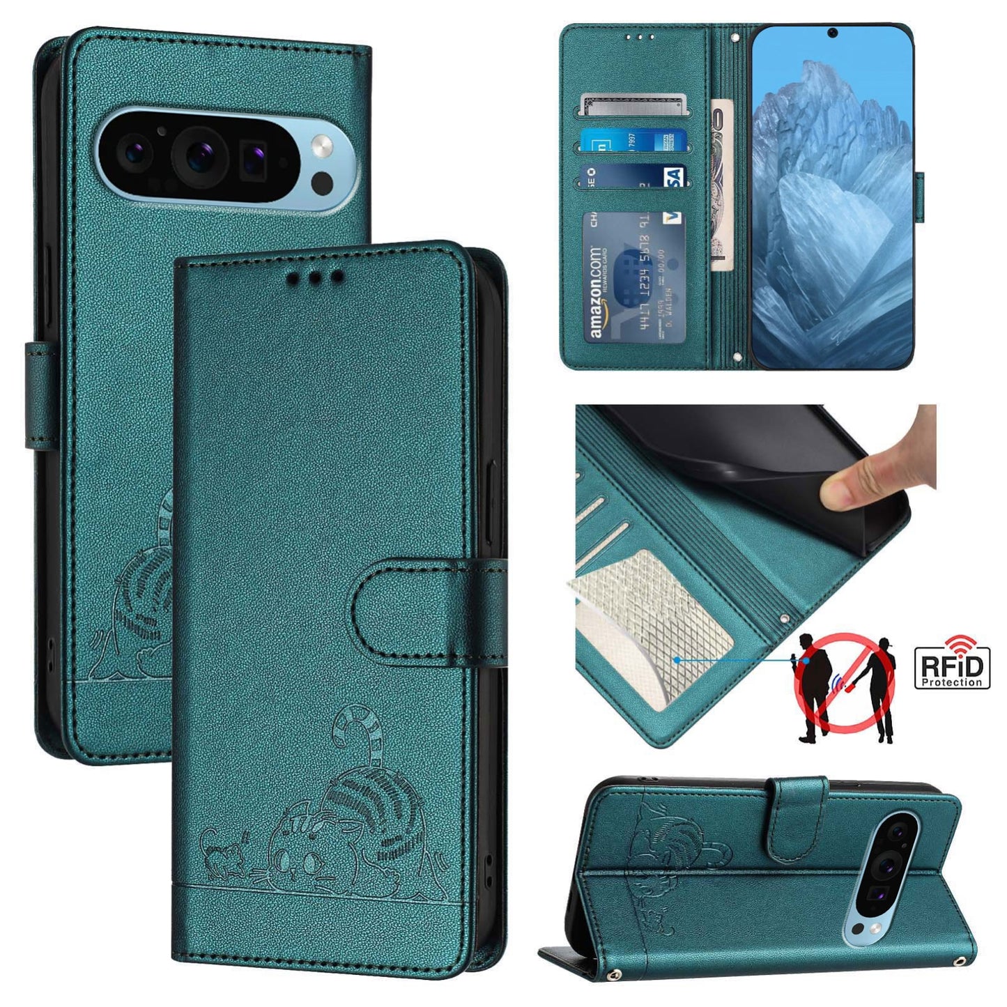 Google Pixel 9 Cat and Mouse Embossed PU Leather RFID Case with Wallet Slots, Anti-Fall Protection, Kickstand, and Lanyard-buycases.co.uk