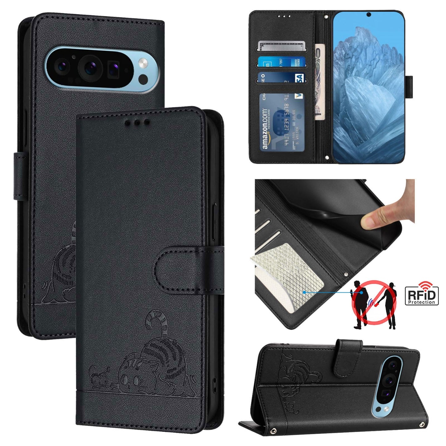 Google Pixel 9 Pro XL Cat and Mouse Embossed PU Leather RFID Case with Wallet Slots, Anti-Fall Protection, Kickstand, and Lanyard-buycases.co.uk