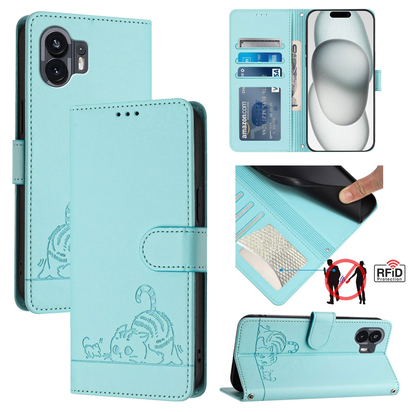 Nothing Phone 2A Cat and Mouse Embossed PU Leather RFID Case with Wallet Slots, Anti-Fall Protection, Kickstand, and Lanyard-buycases.co.uk